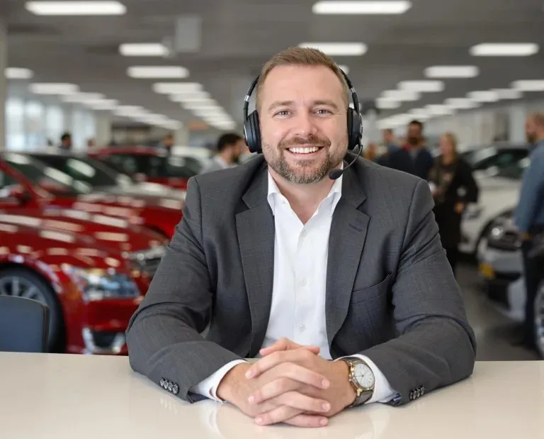 Mann mit Anzug sitzt an einem Tisch in einem Autohaus und hat ein Headset auf dem Kopf, lächelt in die Kamera