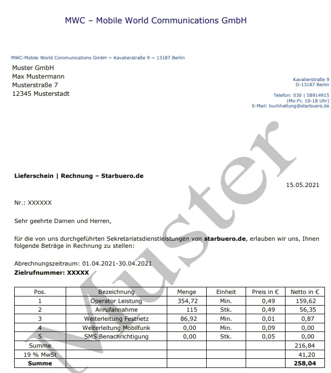 Beispielrechnung von starbuero.de mit Rechnungspositionen und Mehrwertsteuerausweis.