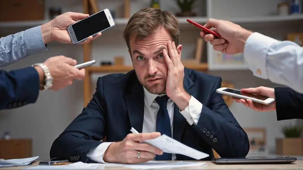 in gestresster Mann im Anzug sitzt an einem Schreibtisch und wird von mehreren Personen mit Smartphones und Stiften bedrängt, was den Druck und die Überforderung in einer hektischen Arbeitsumgebung darstellt.