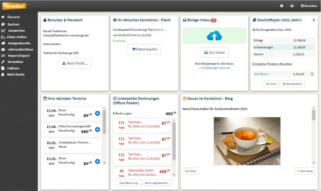 Übersicht der Kontolino! Buchhaltungssoftware im Browser