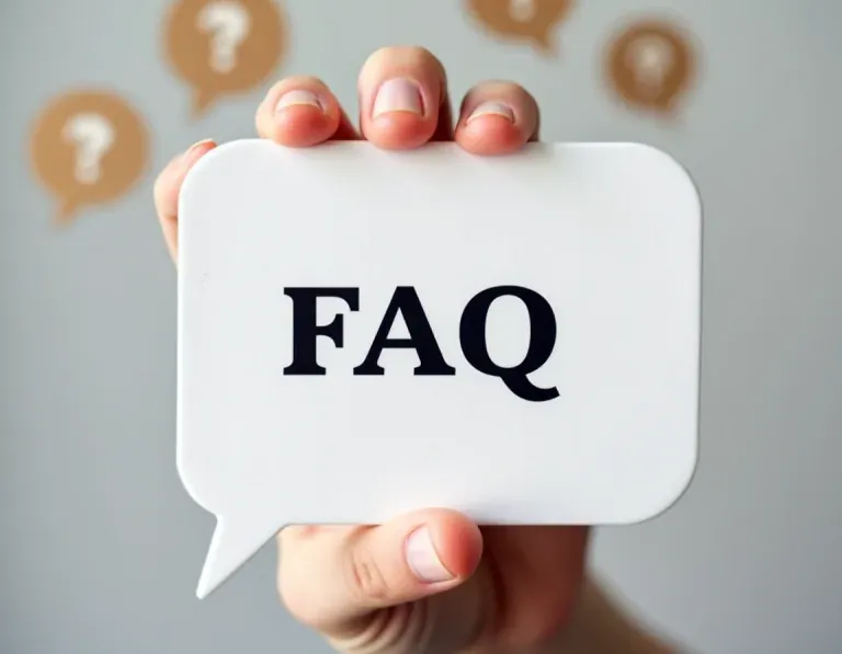 Hand hält eine Sprechblase mit dem Aufdruck 'FAQ', während im Hintergrund unscharfe Fragezeichen-Symbole erscheinen.