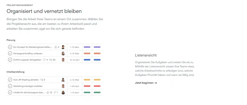 Screenshot der Asana-Plattform mit Aufgabenlisten und Projektübersicht.