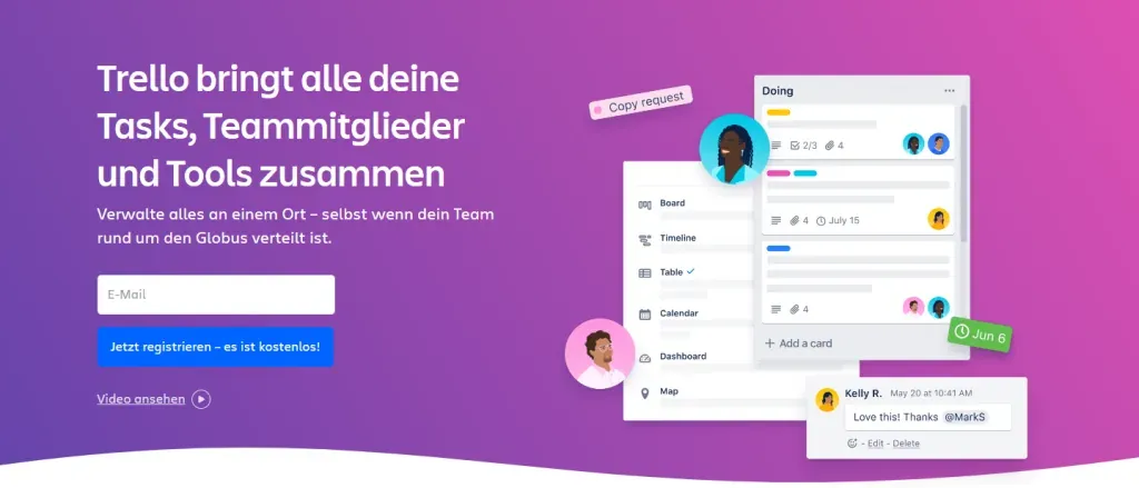 Screenshot der Trello-Oberfläche mit Kanban-Boards für Projektmanagement.