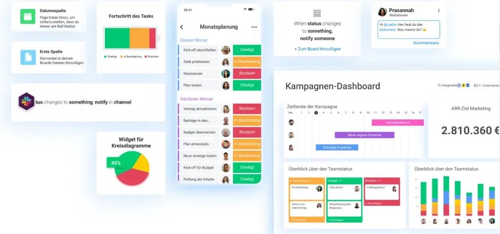Screenshot von Monday.com mit farbenfrohen Workflows und Teamübersichten.