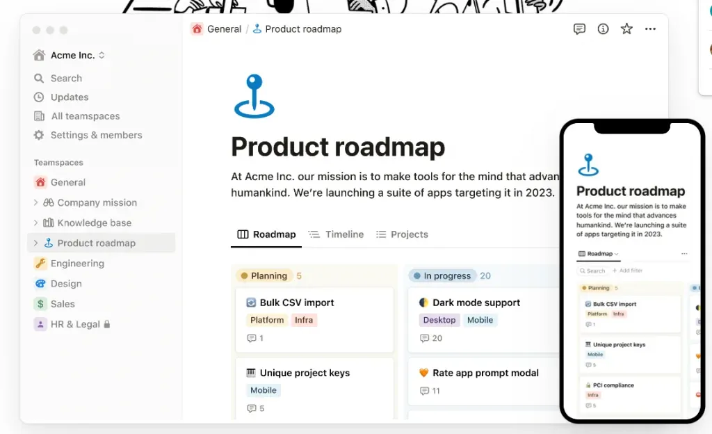 Screenshot von Notion als flexibler Arbeitsbereich für Notizen, Datenbanken und Projekte.