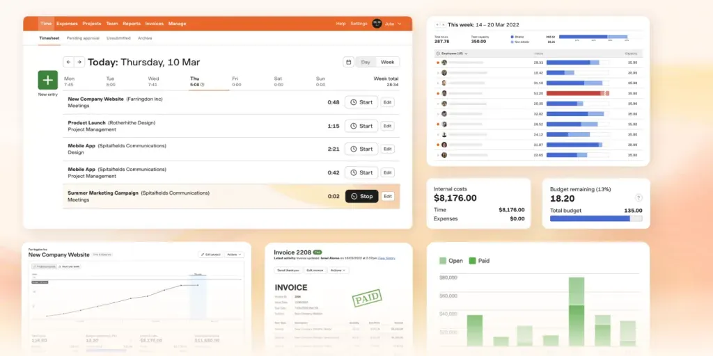 Screenshot von Harvest mit kombinierter Zeiterfassung und Rechnungsstellung für Freelancer.