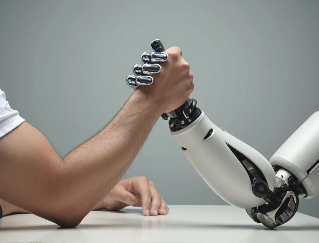Mensch und Roboter im Armdrücken.
