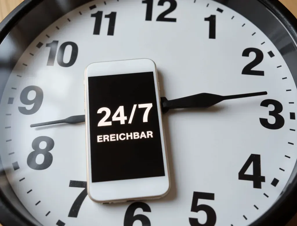 Smartphone mit der Aufschrift '24/7 erreichbar' liegt auf einer großen Uhr