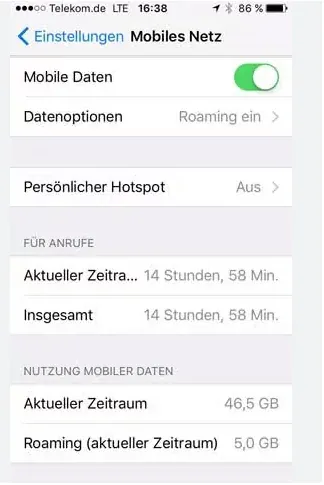 iPhone-Einstellungen zeigen Anrufstatistiken unter „Mobiles Netz".