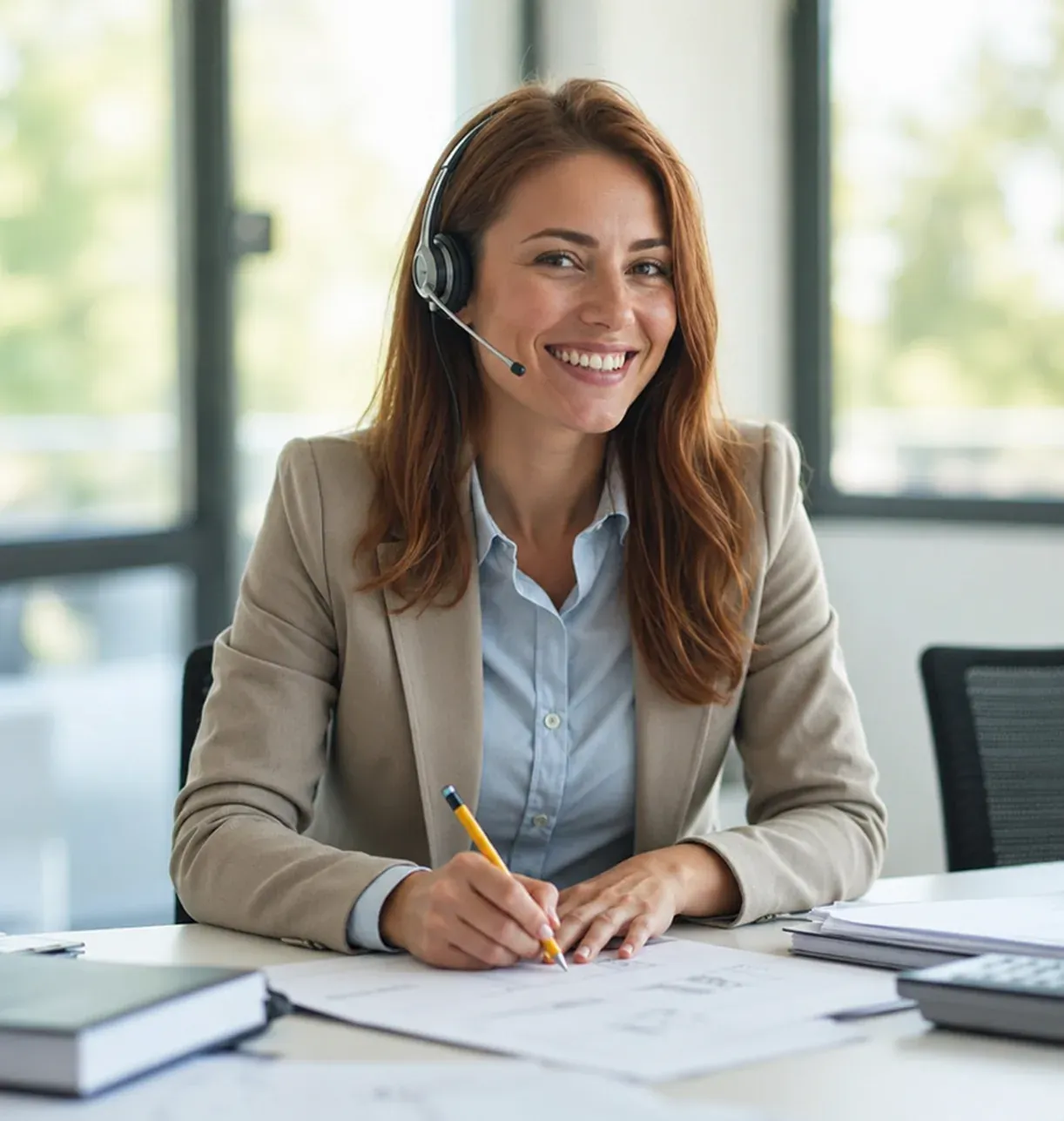 Frau mit Headset, lächelt und schreibt an einem Schreibtisch im Büro, Sekretariatsservice.