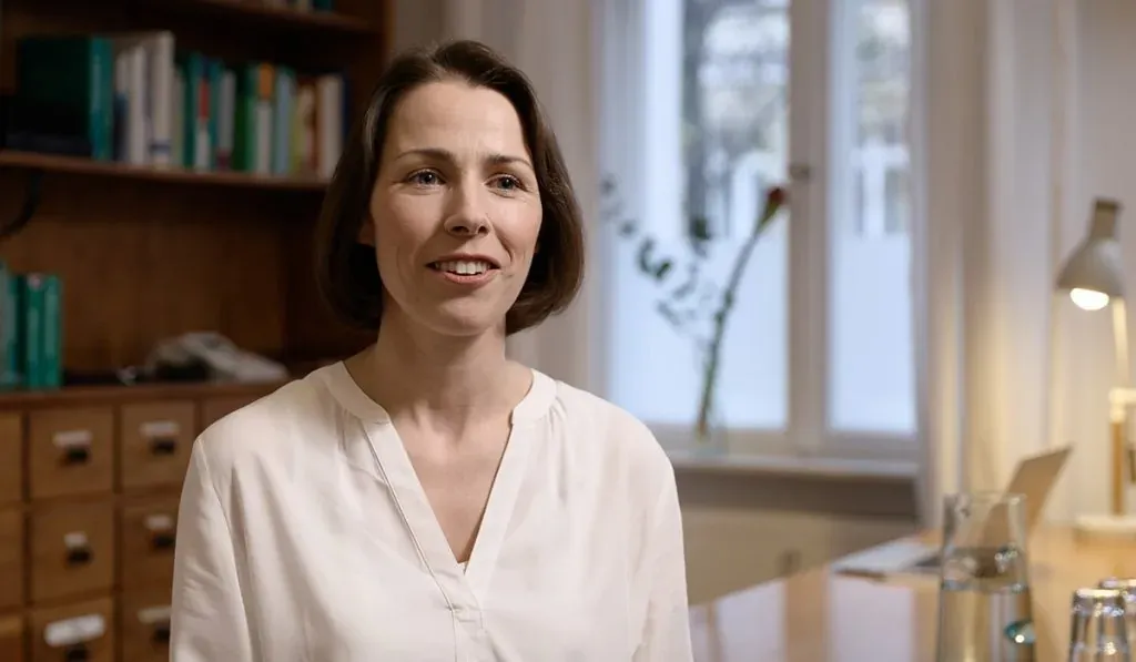 Eine lächelnde Frau in weißer Bluse sitzt in einem Büro mit Bücherregal und Lampe im Hintergrund.